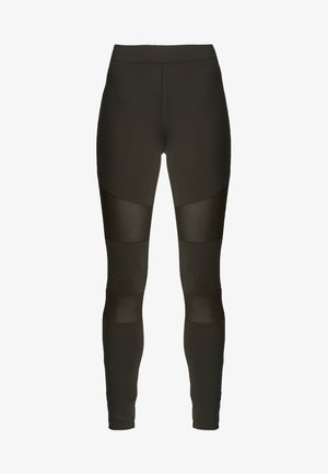 Black athletic leggings with a fitted design, featuring matte texture, mesh panels on thighs, and smooth waistband. Elastic material for flexibility.