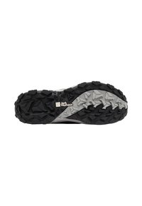 Suola di scarpa atletica nera e grigia con scanalature profonde, superficie testurizzata e logo del marchio. Design resistente adatto per attività all'aperto.
