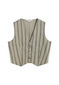 Chaleco de rayas verdes y crema con escote en V, cinco botones en la parte frontal y sin mangas. La tela parece ligera y texturizada.