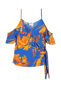 Top blu con spalle scoperte e vivace motivo floreale arancione, orli sfrangiati, spalline regolabili e dettaglio con legatura avvolgente.