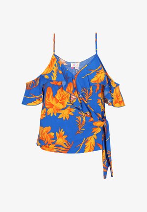 Koudschouder blauwe top met een levendig oranje bloemenpatroon, gerimpelde randen, verstelbare bandjes en een wikkel-tie detail.
