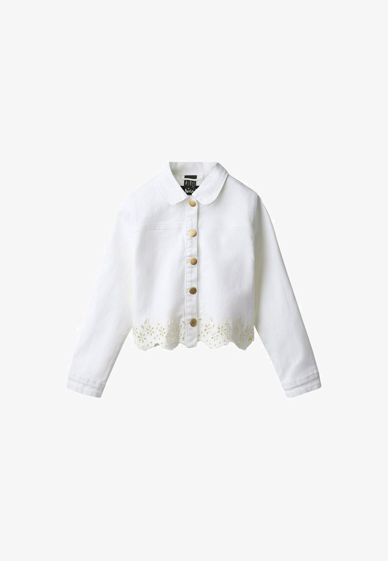 Veste courte blanche à manches longues avec boutons dorés, col arrondi et broderie florale le long de l'ourlet festonné.