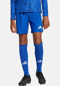 Blauw voetbaluniform met een gestreepte lange mouw top, bijpassende shorts en blauwe sokken met witte accenten. Zwarte voetbalschoenen maken de look compleet.