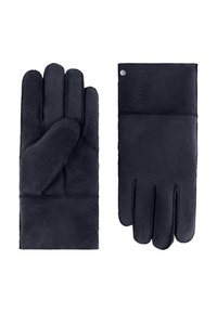 Marineblaue Wildlederhandschuhe mit glatter Textur, die an einem Handschuh vier Finger und am anderen einen Daumen aufweisen, ergänzt durch sichtbare Nahtstiche.