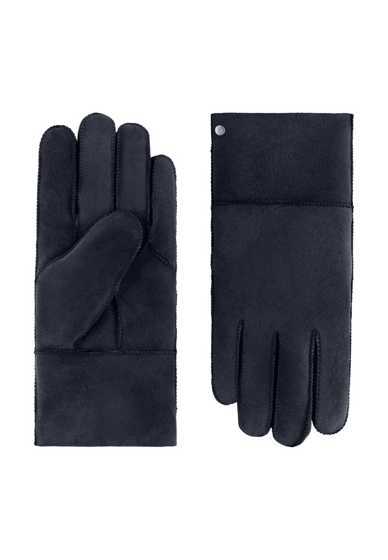 Marineblaue Wildlederhandschuhe mit glatter Textur, die an einem Handschuh vier Finger und am anderen einen Daumen aufweisen, ergänzt durch sichtbare Nahtstiche.