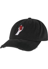 Cappellino da baseball in cotone nero con visiera curva. Presenta un design ricamato di una mano bianca che tiene una granata rossa. Bordo sfrangiato.