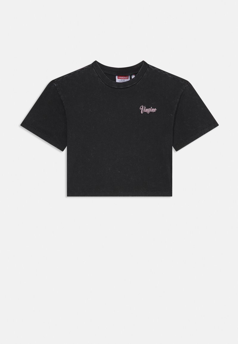 Sort cropped t-shirt lavet af blød bomuld. Har kortærmer og et lille pink "Vingino" logo på venstre bryst.