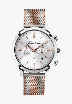 Montre chronographe en ton argent avec un boîtier en acier inoxydable et un bracelet en maille comportant des fils en or rose et argent. Inclut un affichage de la date.