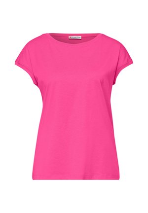 Hellpinkes Damen-T-Shirt mit kurzen Ärmeln, rundem Ausschnitt, leicht lockerer Passform und sichtbarem "Street One"-Label am Kragen.