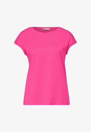 Camiseta de mujer de manga corta en rosa brillante con escote redondo, ajuste ligeramente holgado y etiqueta visible "Street One" en el cuello.