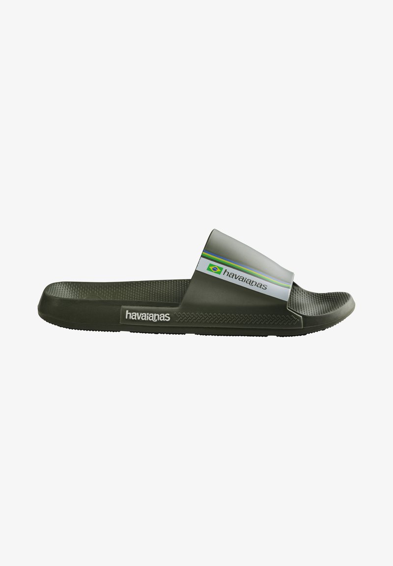 Infradito Havaianas verde scuro con una fascia ampia che presenta un logo bianco e strisce multicolori; soletta testurizzata per una migliore aderenza.