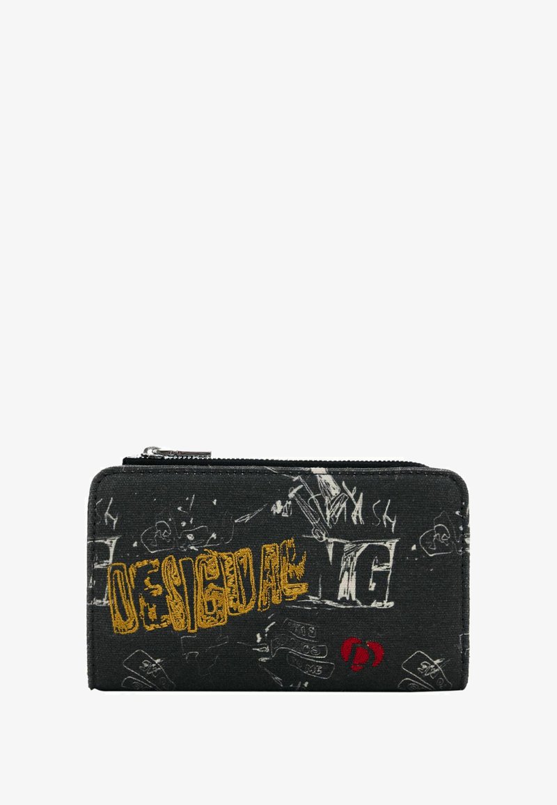 Black zippered wallet with yellow "DESIGUAL" text and white abstract sketches, featuring a small red heart symbol on the lower right side.