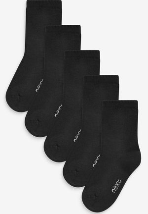 Schwarze Baumwollcrew-Socken im Fünferpack, mit einem schlichten Design und einem weißen Logo in der Nähe des Knöchels. Weicher Stoff und Höhe bis zur Mitte der Wade.