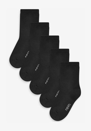 Schwarze Baumwollcrew-Socken im Fünferpack, mit einem schlichten Design und einem weißen Logo in der Nähe des Knöchels. Weicher Stoff und Höhe bis zur Mitte der Wade.