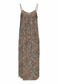 Robe longue fleurie à fines bretelles, présentant un motif dense de petites fleurs roses, blanches et vertes sur fond noir.