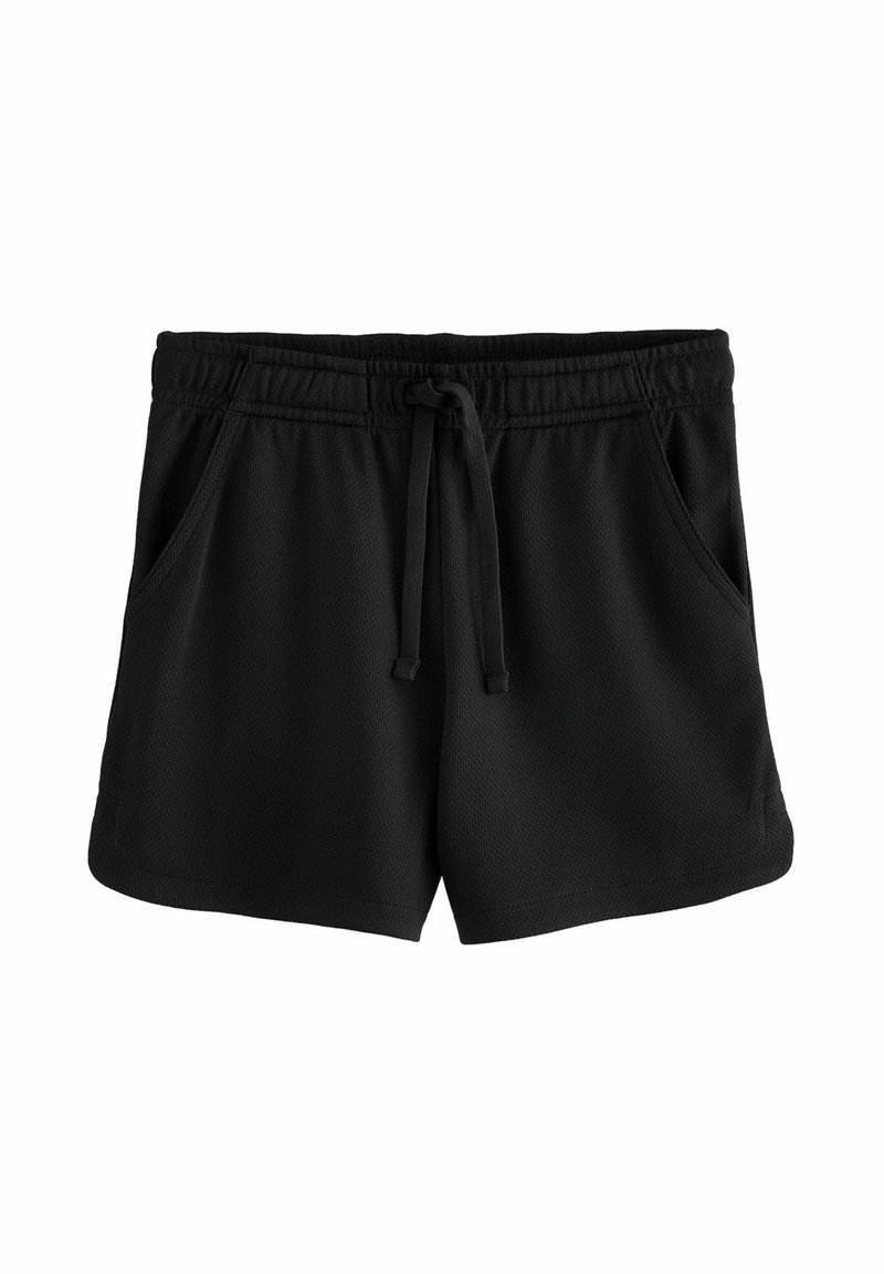 Pantaloncini sportivi neri con trama a rete traspirante, vita elastica con coulisse e due tasche laterali.