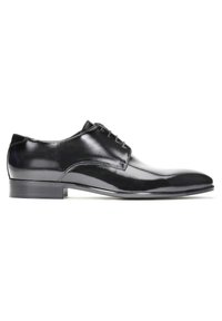 Chaussure habillée noire en cuir, finition lisse, bout arrondi, design minimaliste, lacets à fermeture, et talon plat avec une légère brillance.