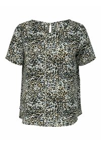 Top a maniche corte in tessuto leggero e trasparente con una stampa astratta a macchie di leopardo nei toni marroni, neri e crema, dotato di apertura a goccia sul retro.