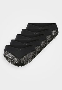 Pack of six black panties featuring a smooth fabric with a floral lace trim at the bottom and a small bow accent on the waistband.
