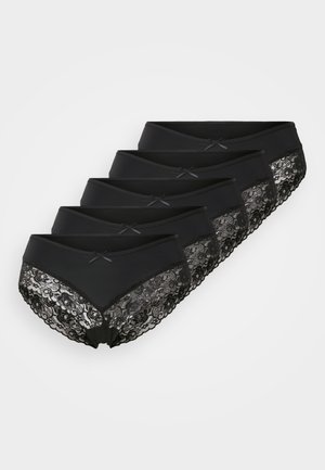 Pakke med seks sorte truser som har et glatt stoff med blonder nederst og en liten sløyfe på midjebåndet.