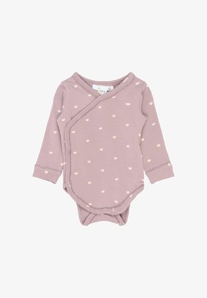 Dětský bodysuit s dlouhým rukávem v mauve barvě, zdobený malými bílými srdíčky a s patentkami na přední a dolní straně.