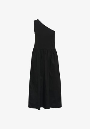 Mustapuku, jossa on yksi olkaimen design, tiukka vartalo-osa ja virtaava, rypytetty hame, joka on valmistettu sileästä kankaasta. Siisti siluetti.