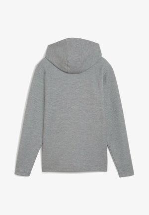 Felpa grigia con una consistenza morbida, presenta un grande cappuccio, maniche lunghe e un orlo dritto. Nessun logo o motivo visibile.