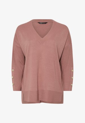 Różowa dzianinowa bluzka w serek z rękawami do trzech czwartek, teksturowany materiał, a także cztery złote guziki na każdym rękawie. Boczny rozporek.