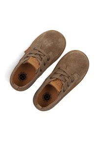 Chaussures en daim marron pour tout-petits avec des lacets, à bouts ronds et semelles en cuir de la marque "Develab", présentées en vue de dessus sur fond blanc.