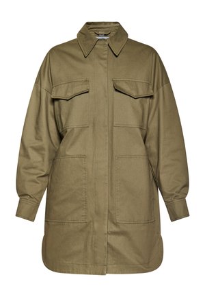 Olīvu zaļa garām piedurknēm jaka, izgatavota no auduma ar nedaudz teksturētu virsmu. Aprīkota ar divām krūšu kabatām un sānu kabatām. Klasiska apkakles dizains.