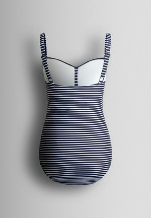 Laivastonsininen ja valkoinen vaakaraidallinen yksiosainen uimapuku, jossa säädettävät olkaimet, esitettynä takaa harmaalla taustalla.