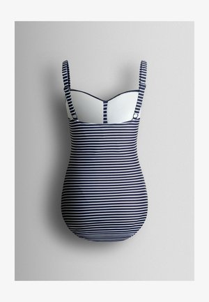 Laivastonsininen ja valkoinen vaakaraidallinen yksiosainen uimapuku, jossa säädettävät olkaimet, esitettynä takaa harmaalla taustalla.