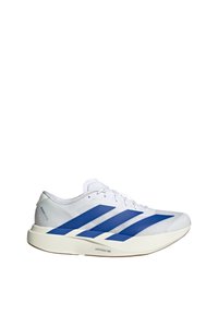 White athletic shoe featuring three large blue stripes on the side, a smooth upper material, and a lightweight off-white sole.