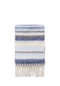 Pehme villane sall horisontaalsete triipudega sinises, beežis ja valges toonis, mille ühel serval on narmad.