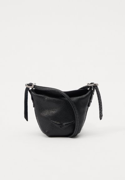 Black leather pouch bag with curved design, adjustable strap, and stitched detailing. Features a textured surface and a silver-tone hardware.