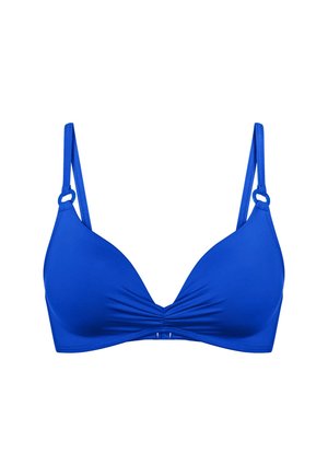 Soutien-gorge rembourré bleu avec bretelles fines réglables et léger effet froncé au centre devant.