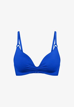 Soutien-gorge rembourré bleu avec bretelles fines réglables et léger effet froncé au centre devant.