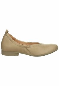 Beige Flachschuh aus glattem Leder mit runder Spitze und niedrigem Absatz. Das Obermaterial zeichnet sich durch dezente Nähte und eine gleichmäßige Textur aus.