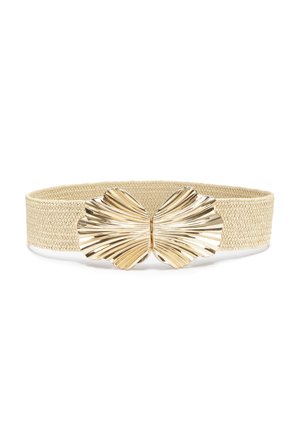Woven belt in light beige with a textured finish, featuring a prominent gold-tone leaf-shaped buckle at the center.