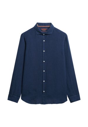 Camicia a maniche lunghe blu navy in lino, con chiusura a bottoni, colletto a punta e bottoni bianchi lungo la pattina e i polsini.