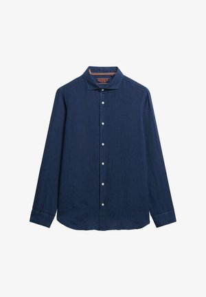 Camicia a maniche lunghe blu navy in lino, con chiusura a bottoni, colletto a punta e bottoni bianchi lungo la pattina e i polsini.