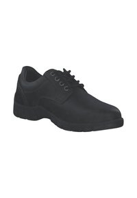 Schwarze Leder-Schnürschuhe mit runder Zehenform, gepolsterter Sohle und sichtbaren Steppnähten. Entworfen für Komfort und Langlebigkeit.
