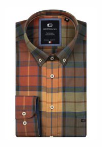 Geplooid overhem shirt met een meerkleurig ruitenpatroon in oranje, groen en blauw, met witte knopen en het Giordano merklabel binnenin de kraag.