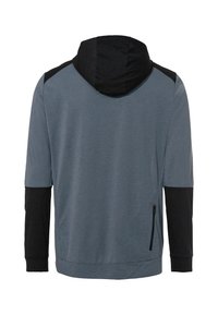 Felpa con cappuccio dal corpo grigio e maniche nere. Presenta una tasca con zip sul lato e un design in tessuto strutturato.