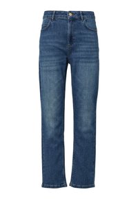 Dunkelblaue Denim-Jeans mit gerader Beinform, fünf Taschen und einem Knopfverschluss. An einigen Stellen leicht ausgebleicht, mit robuster Textur.