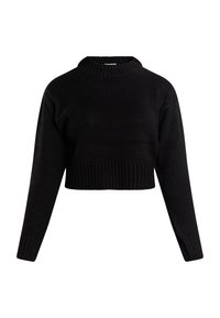 Maglione nero corto con design a collo alto a coste e maniche lunghe. Il materiale sembra morbido e testurizzato, con una vita aderente.