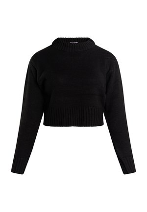 Sort cropped sweater med et ribbet turtleneck-design og lange ærmer. Materialet ser blødt og tekstureret ud, med en tætsiddende talje.