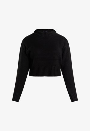 Sort cropped sweater med et ribbet turtleneck-design og lange ærmer. Materialet ser blødt og tekstureret ud, med en tætsiddende talje.