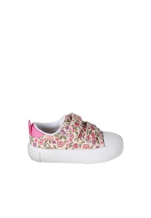 Children’s low-top sneaker with white rubber sole, pink floral fabric, two Velcro straps, and pink pull tab at heel.