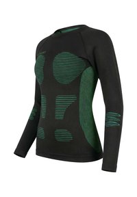 Long-sleeve athletic shirt in black fabric, featuring green striped and solid pattern accents, with a crew neckline and fitted design.